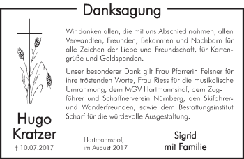 Traueranzeige von Hugo Kratzer von Hersbrucker Zeitung