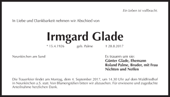 Traueranzeige von Irmgard Glade von Pegnitz-Zeitung