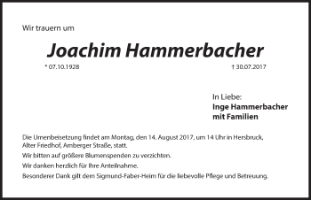 Traueranzeige von Joachim Hammerbacher von Hersbrucker Zeitung