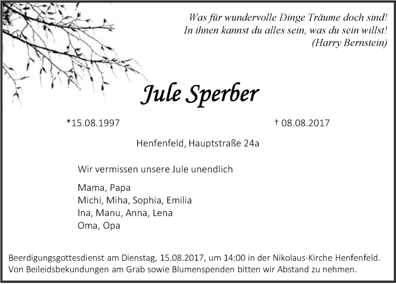  Traueranzeige für Jule Sperber vom 14.08.2017 aus Hersbrucker Zeitung