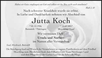 Traueranzeige von Jutta Koch von Pegnitz-Zeitung