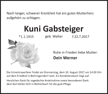 Traueranzeige von Kuni Gabsteiger von Pegnitz-Zeitung