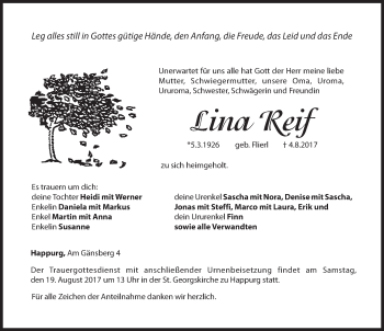Traueranzeige von Lina Reif von Hersbrucker Zeitung