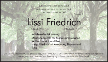 Traueranzeige von Lissi Friedrich von Hersbrucker Zeitung