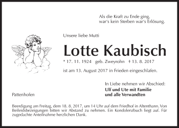 Traueranzeige von Lotte Kaubisch von Der Bote