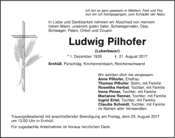 Traueranzeige von Ludwig Pilhofer von Hersbrucker Zeitung
