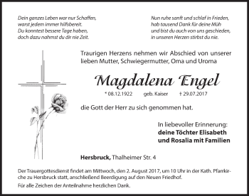 Traueranzeige von Magdalena Engel von Hersbrucker Zeitung