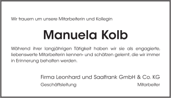 Traueranzeige von Manuela Kolb von Pegnitz-Zeitung