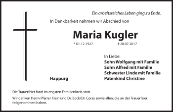 Traueranzeige von Maria Kugler von Hersbrucker Zeitung