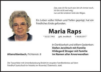 Traueranzeige von Maria Raps von Hersbrucker Zeitung