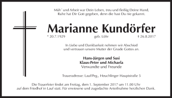 Traueranzeige von Marianne Kundörfer von Pegnitz-Zeitung
