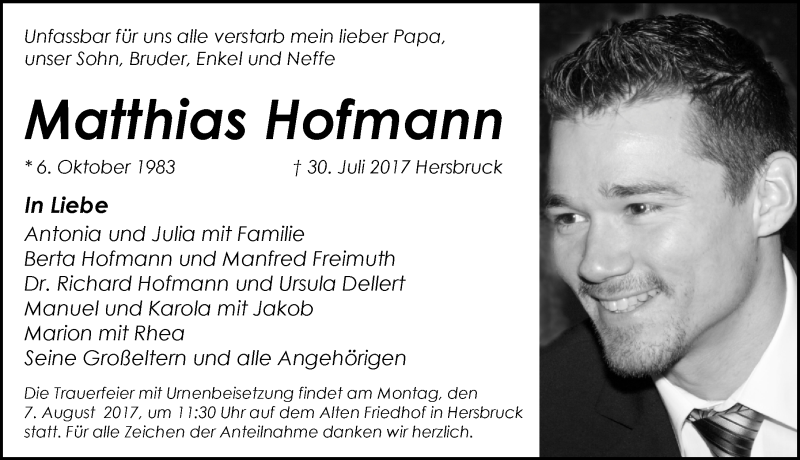  Traueranzeige für Matthias Hofmann vom 04.08.2017 aus Hersbrucker Zeitung