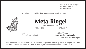 Traueranzeige von Meta Ringel von Pegnitz-Zeitung