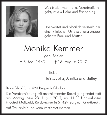 Traueranzeige von Monika Kemmer von Der Bote