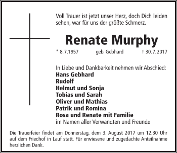 Traueranzeige von Renate Murphy von Pegnitz-Zeitung