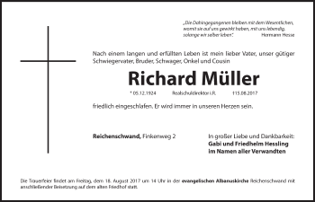 Traueranzeige von Richard Müller von Hersbrucker Zeitung