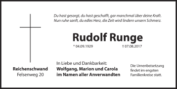 Traueranzeige von Rudolf Runge von Hersbrucker Zeitung