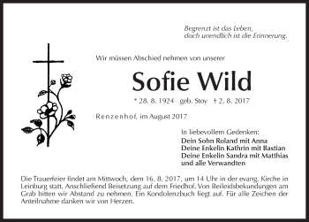 Traueranzeige von Sofie Wild von Der Bote