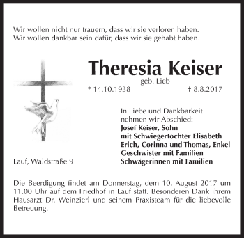 Traueranzeige von Theresia Keiser von Pegnitz-Zeitung