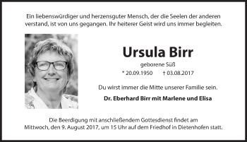 Traueranzeige von Ursula Birr von Hersbrucker Zeitung