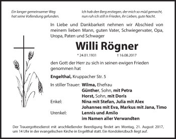 Traueranzeige von Willi Rögner von Hersbrucker Zeitung