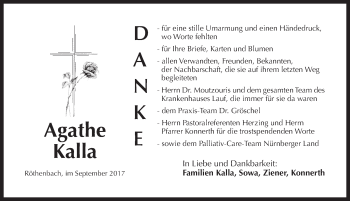 Traueranzeige von Agathe Kalla von Pegnitz-Zeitung