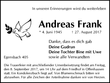 Traueranzeige von Andreas Frank von Hersbrucker Zeitung