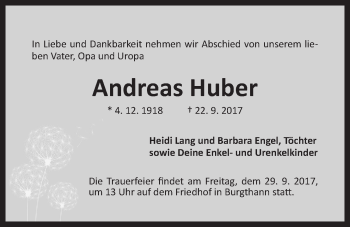 Traueranzeige von Andreas Huber von Der Bote