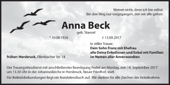 Traueranzeige von Anna Beck von Hersbrucker Zeitung