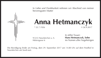 Traueranzeige von Anna Hetmanczyk von Pegnitz-Zeitung
