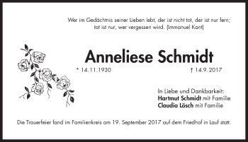 Traueranzeige von Anneliese Schmidt von Pegnitz-Zeitung