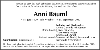 Traueranzeige von Anni Bäuml von Pegnitz-Zeitung