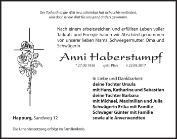 Traueranzeige von Anni Haberstumpf von Hersbrucker Zeitung