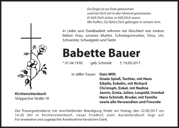 Traueranzeige von Babette Bauer von Hersbrucker Zeitung