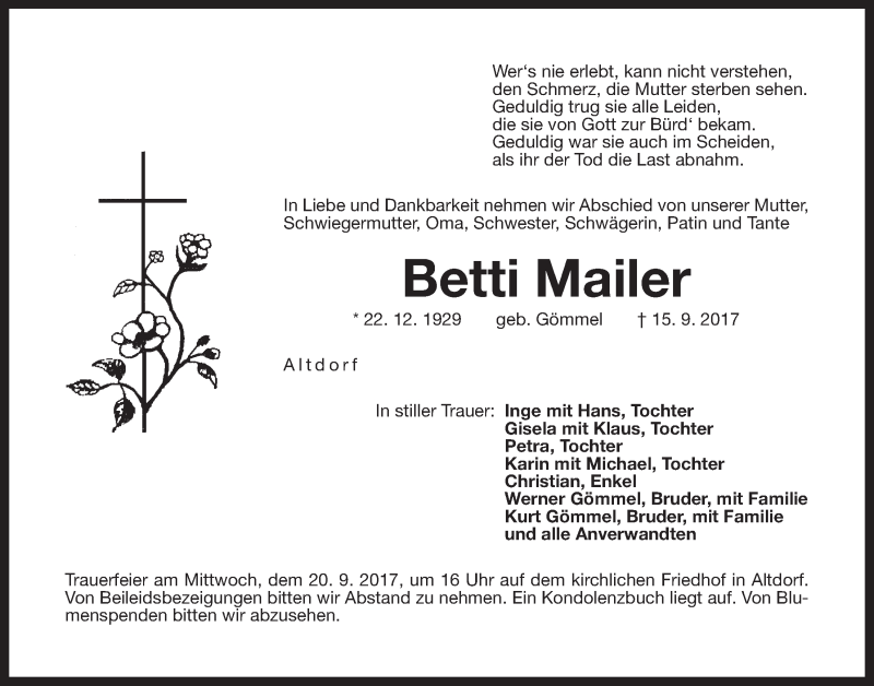  Traueranzeige für Betti Mailer vom 18.09.2017 aus Der Bote