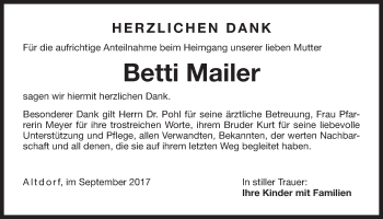 Traueranzeige von Betti Mailer von Der Bote