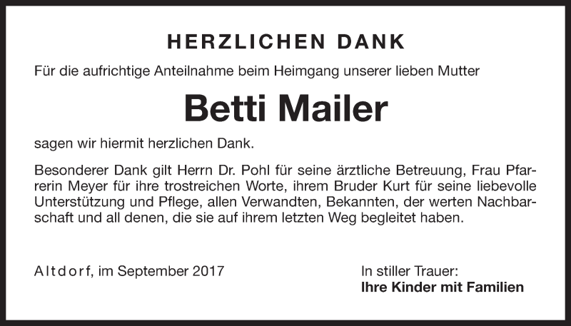  Traueranzeige für Betti Mailer vom 30.09.2017 aus Der Bote