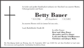 Traueranzeige von Betty Bauer von Pegnitz-Zeitung