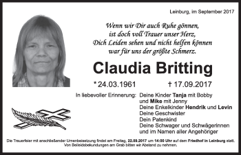 Traueranzeige von Claudia Britting von Pegnitz-Zeitung