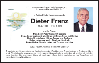 Traueranzeige von Dieter Franz von Der Bote