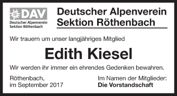 Traueranzeige von Edith Kiesel von Pegnitz-Zeitung