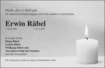 Traueranzeige von Erwin Räbel von Pegnitz-Zeitung