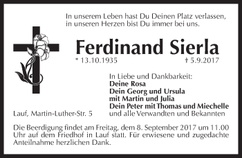 Traueranzeige von Ferdinand Sierla von Pegnitz-Zeitung