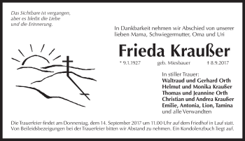 Traueranzeige von Frieda Kraußer von Pegnitz-Zeitung