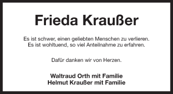Traueranzeige von Frieda Kraußer von Pegnitz-Zeitung