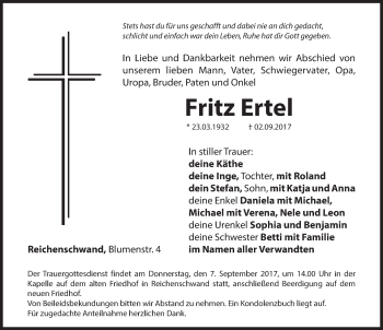 Traueranzeige von Fritz Ertel von Hersbrucker Zeitung