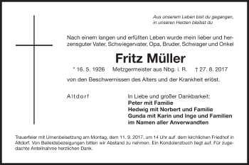 Traueranzeige von Fritz Müller von Der Bote