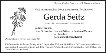 Traueranzeige von Gerda Seitz von Hersbrucker Zeitung