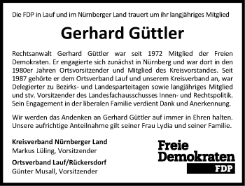Traueranzeige von Gerhard Güttler von Pegnitz-Zeitung