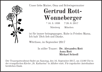 Traueranzeige von Gertrud Rott-Wonneberger von Hersbrucker Zeitung
